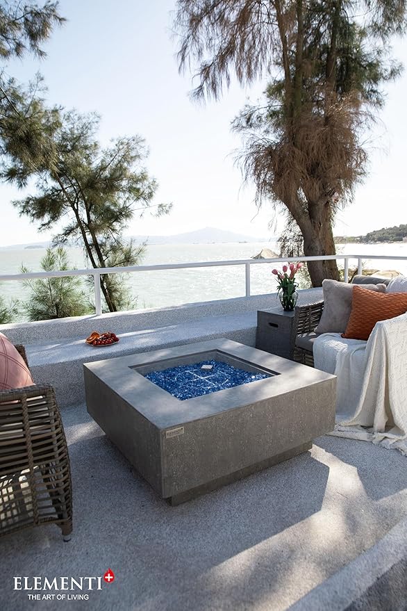 Elementi+ | Bundle Victoria Gas Fire Pit Cast Concrete 40" Square Fire Table, Outdoor Fire Pit Electronic Ignition | Canvas Cover, Fire Glass and Burner Lid Included | Light Gray | Propane Gas