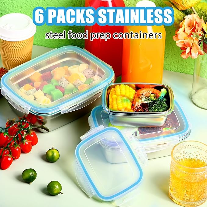 Nuanchu 6 Packs Stainless Steel Food Storage Containers Airtight Metal Food Containers Meal Prep Container Leak Proof Stackable Bento Lunch Box with Lids for Kitchen Travel Picnic and Camping (Blue)