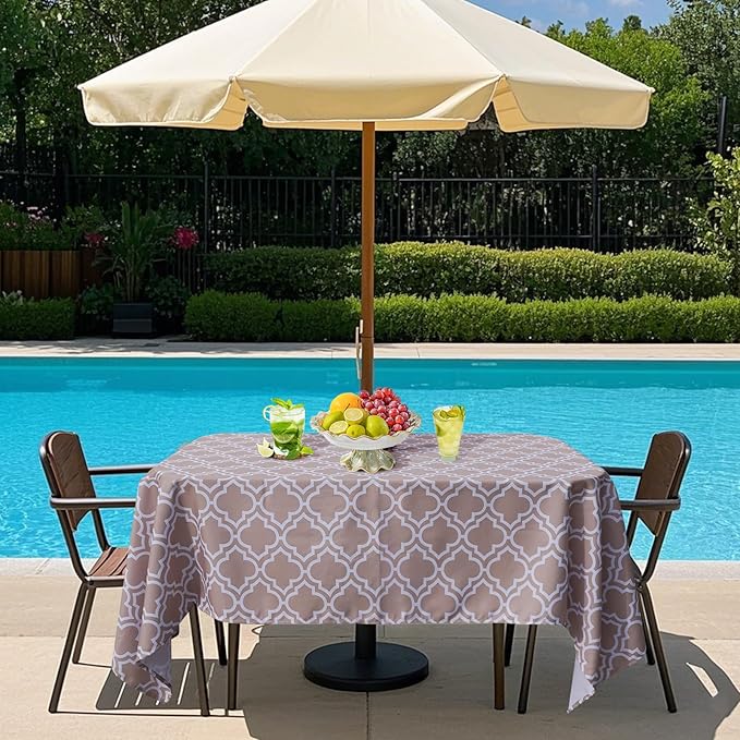 Poise3EHome 60X84 Outdoor/Indoor Waterproof Spillproof Rectangle Tablecloth with Umbrella Hole for Camping, Picnic, Afternoon Tea, BBQ, Khaki