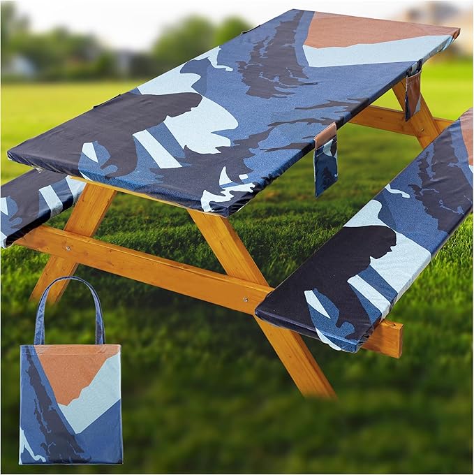 Fitted Picnic Table Cover with Bench Covers Waterproof Elastic Edges Rectangle Patio Tablecloth Outdoor Camping Essentials Stuff Rv Accessories Summer Trip Travel Supplies Party Camper Gifts, 8 ft