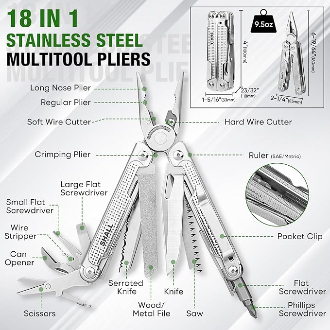 SHALL Multi Tool, 18-in-1 Multitool Pliers, Stainless Steel Multi-tool Pocket Knife w/Screwdriver Bit, Self-locking Multipurpose Tool w/Sheath for Camping Fishing Survival Hunting