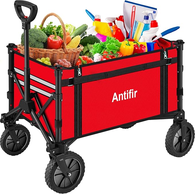 Collapsible Wagon Carts,Folding Wagon Cart with All Terrain Wheels,Heavy Duty Garden Carts with Adjustable Handle,Outdoor Utility Wagon for Camping Shopping Sports Fishing（Red）