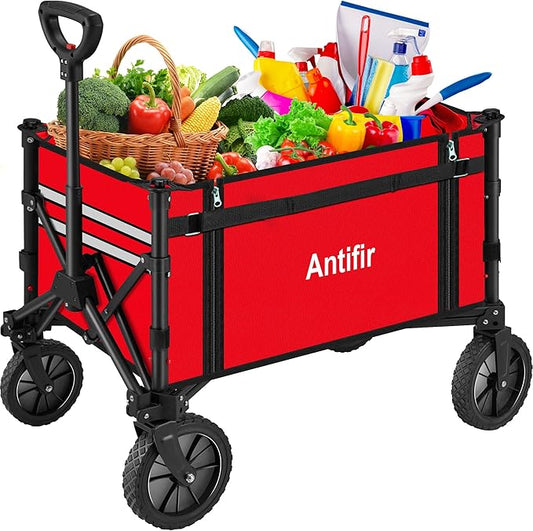 Collapsible Wagon Carts,Folding Wagon Cart with All Terrain Wheels,Heavy Duty Garden Carts with Adjustable Handle,Outdoor Utility Wagon for Camping Shopping Sports Fishing（Red）
