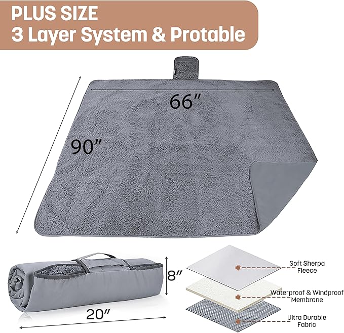 Tirrinia Waterproof Outdoor Blanket with Sherpa Lining, Windproof Triple Layers Warm Comfy Foldable for Camping Stadium, Beach, Picnic, Grass, Concerts, Car, Dog, 51''X 59'' & 59''X 80''