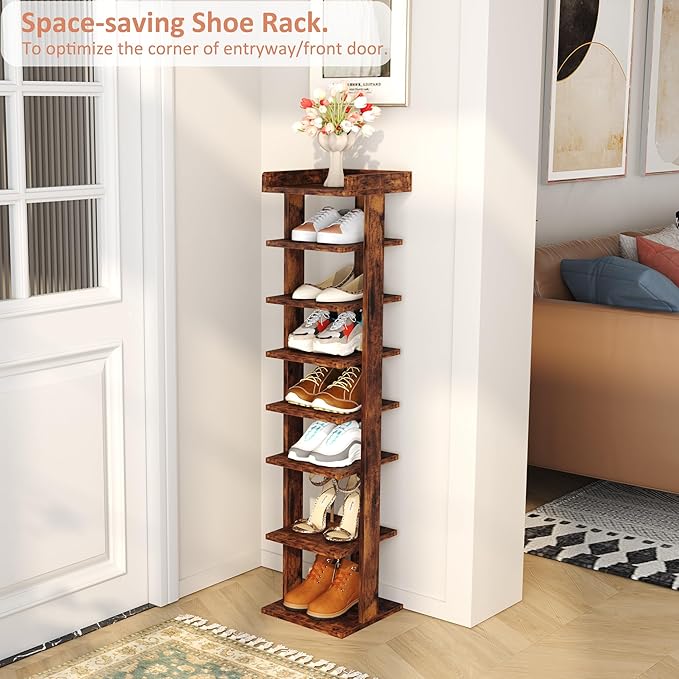 HOMEFORT 7-Tier Wood Shoe Rack, Entryway Shoe Tower,Vertical Shoe Organizer, Wooden Shoe Storage Stand, Rustic Brown