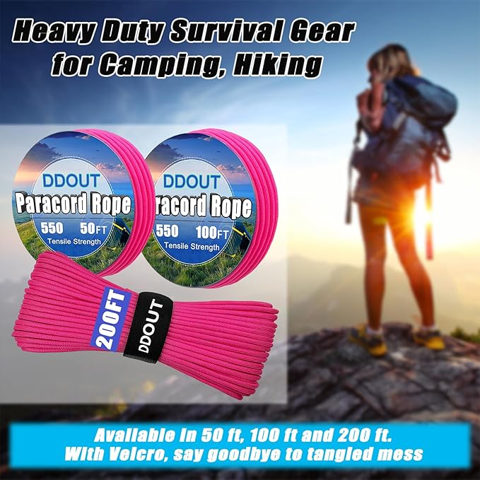 Paracord Nylon Rope Pink 200ft with 7-Strand Core, 10 Colors and 50/100/200 ft, Type III Parachute Cord 4mm for Camping, Survival, Hiking, DIY, Crafting, Outdoor Utility Rope