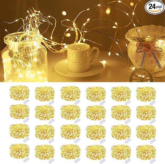24 Pack Fairy Lights Battery Operated 7 Feet 20 Led Christmas Twinkle String Lights Silver Wire Waterproof for Classroom Christmas Valentine's Day Mason Jars Centerpiece Table Decorations (Warm White)