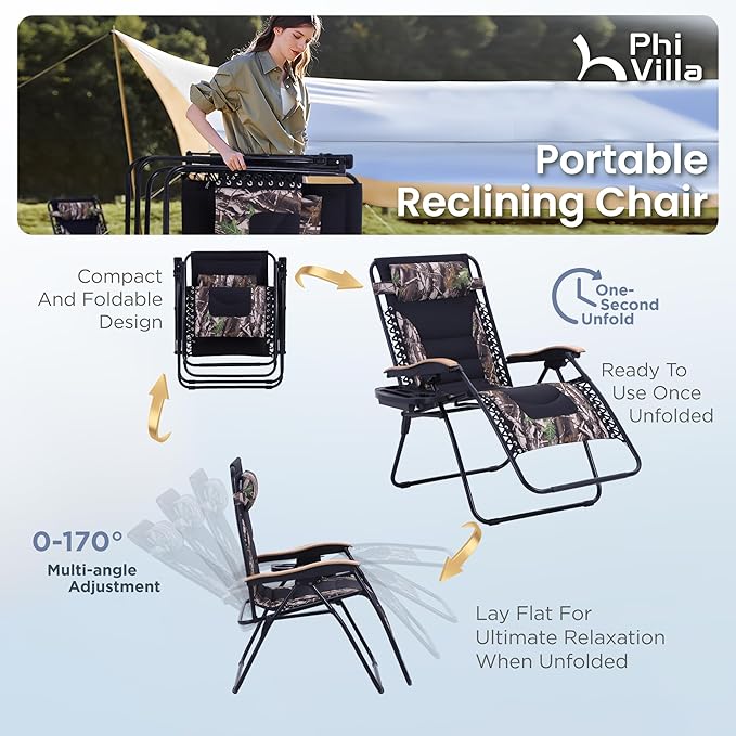 PHI VILLA XXL Oversized Padded Zero Gravity Chair, Foldable Patio Recliner, 30" Wide Seat Anti Gravity Lounger with Cup Holder, Set of 2, Support 400 LBS (Camouflage)