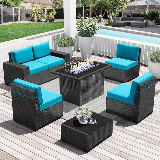 LayinSun 7 Pieces Outdoor Patio Furniture Set with 44" Fire Pit Table Rattan Sectional Sofa Conversation Sets