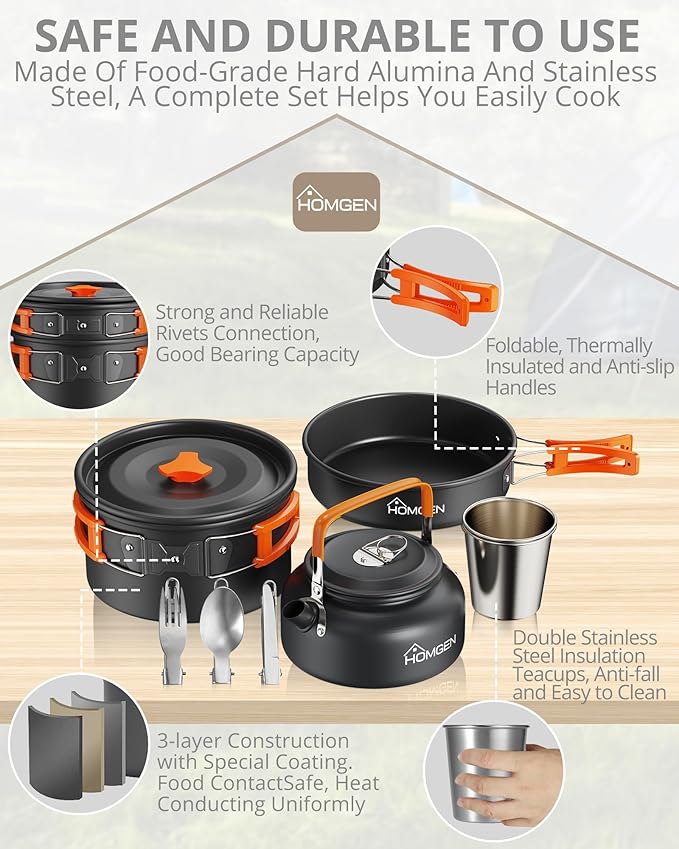 HOMGEN 12-Pieces Ultralight Anodized Aluminum Camping Cookware Set for 2 People - Nesting Pot/Pan with Foldable Handles 800ml Insulated Teapot & Stainless Cups - Compact Backpacking Gear for Camping