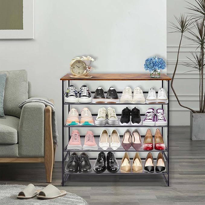 Garden 4 you 5-Tier Tilting Adjustable Freestanding Shoe Rack 12-Pairs for Durability and Stability for Entryways, Hallways, Closets, Dormitory Rooms, and Industries，Brown