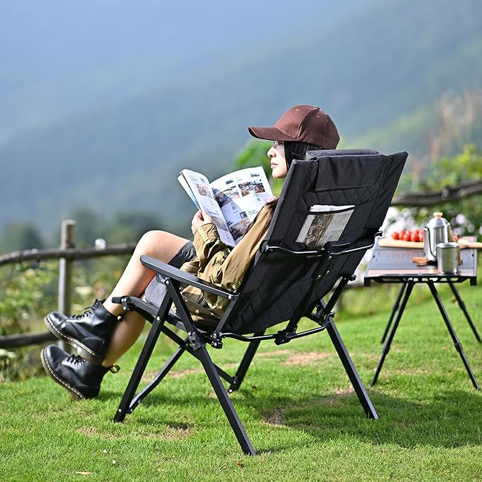 Reclining Camping Chair 2 Pack, Folding Lawn Chairs with 4-Stage Adjustable High Back for Adults Heavy Duty, Compact Foldable Outdoor Patio Recliner Chair with Side Bag (Black)