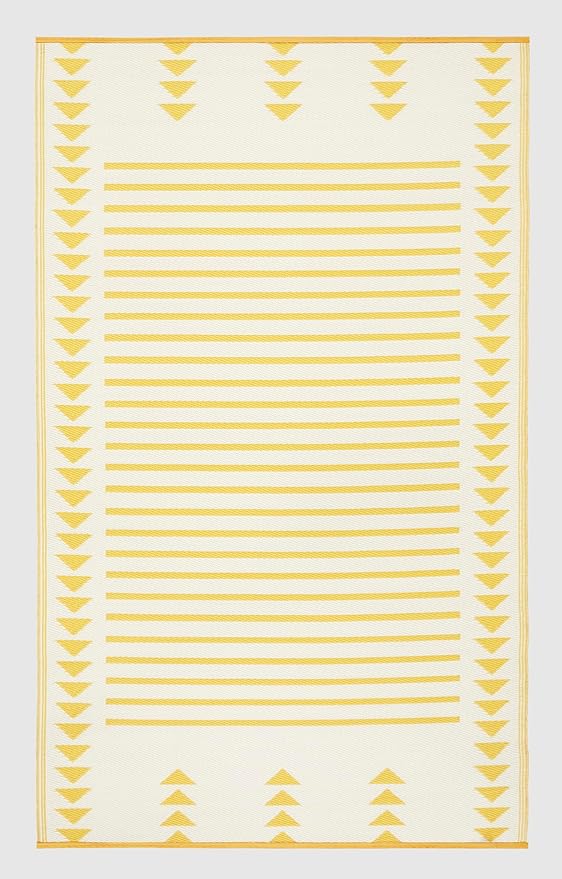 FH Home Outdoor Rug - Waterproof, Fade Resistant, Crease-Free - Premium Recycled Plastic - Geometric - Patio, Porch, Deck, Balcony - Hampton Stripe - Yellow Crease Free - 5 x 8 ft