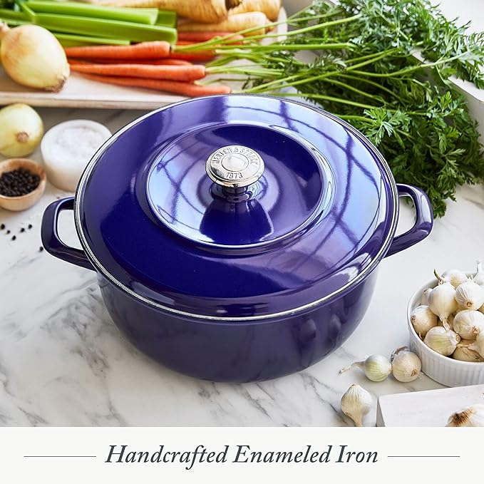 Merten & Storck 5.3QT Round Dutch Oven Casserole Pot with Lid, European Crafted Enameled Iron Stockpot, Induction & All Cooktops, Braising, Stews, Roasting, Slow Cooking, Sourdough, Cobalt Blue