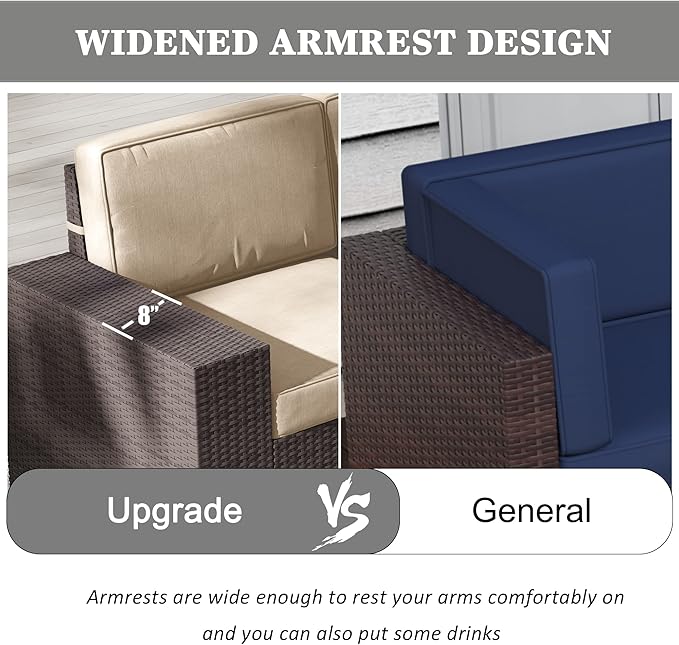 LayinSun 7 Pieces Outdoor Patio Furniture Set with 44" Fire Pit Table Brown Rattan Sectional Sofa Conversation Sets