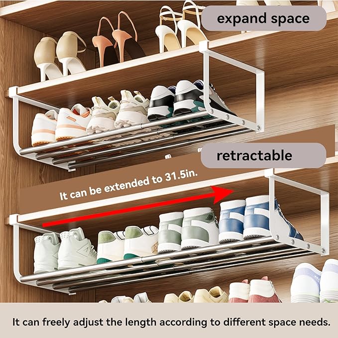 Expandable Shoe Rack Organizer - Adjustable Shoe Rack & Under Cabinet Shelf - for Shoe or Clothing Storage and Organization, Under Shelf Storage (Stainless,2Pcs)