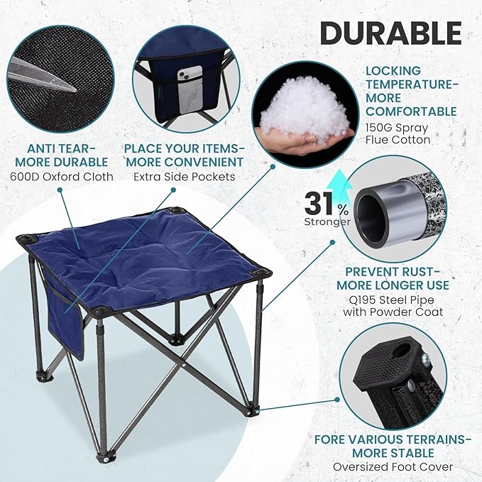 FUNDANGO Folding Camping Stool, 18.1 Inch Oversized Foot Stools 400 Lbs Heavy Duty Portable Padded Seat Anti-Slip Foots & Carry Bag for Fishing Outdoor Lawn Travel (Blue)