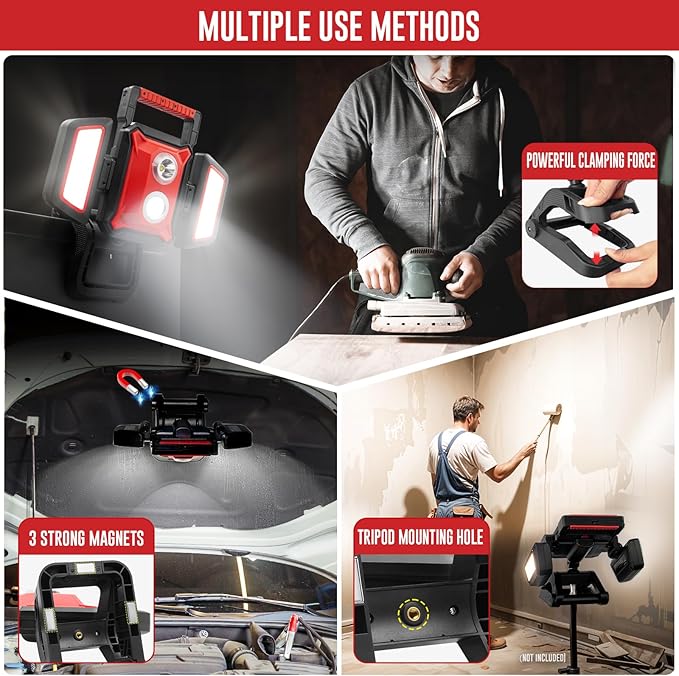 SYLSTAR 40W Rechargeable Work Light, 4000LM Magnetic Work Light with Foldable&360° Rotatable Floodlights, Big Clamp, 5 Light Modes, Portable Work Lights for Jobsite Workshop Car Repairing