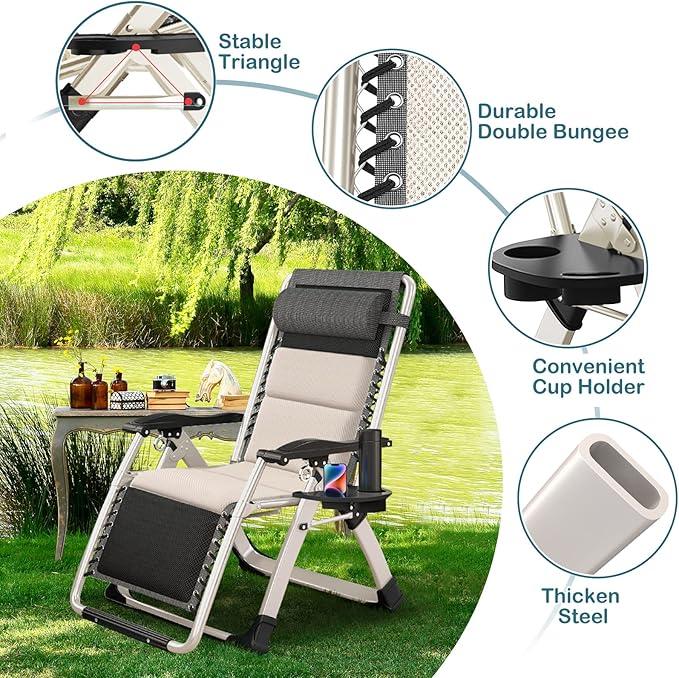 NAIZEA Padded Zero Gravity Chair, Folding Outdoor Lounge Chairs, Adjustable Reclining Camping Chairs with Cup Holder, Ergonomic Patio Lawn Chair for Balcony Beach Deck Yard