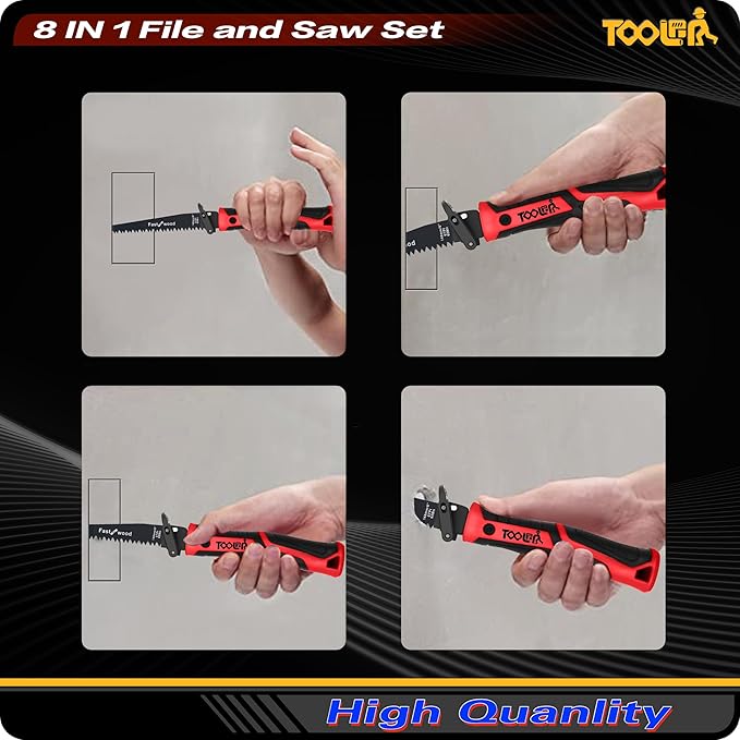 8-In-1 Multi Blades Hand Saw, Drywall Cutter. Hacksaw. Long Blade, Jab Saw, For Cutting Drywall, Sheetrock, Wood, Metel, Plastic, Plywood. Blade Quick Change Mechanism. Red Handle.