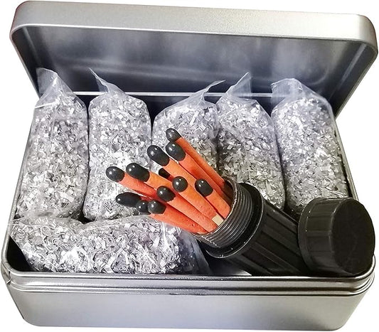 Fire Starter Kit – 6 Magnesium Shaving Packs + Waterproof Windproof Matches in Metal Tin – Emergency Fire Making Kit for Camping, Hiking, Survival, Prepping