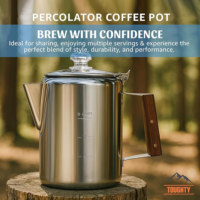 Toughty Yosemite Percolator Coffee Pot – Classic Coffee Percolator Stovetop for Camping & Home – Durable Stainless Steel - Gas, Electric & Induction Stoves – Old-Fashioned Style Pot – Silver – 9 Cups