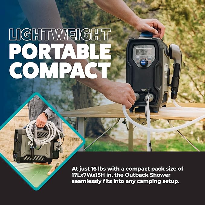 Kakadu Portable Camping Outback Shower, Instant Hot Water for Outdoor Use - Slimline Design, Rechargeable Lithium Battery, Adjustable Shower Head, Slim Pump, Digital Display