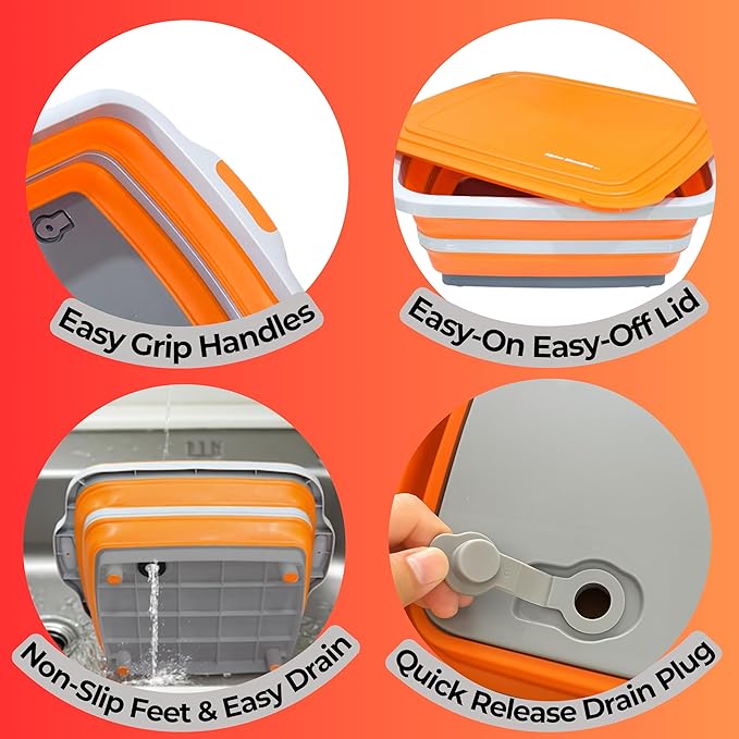 Collapsible X-Large (16L) BBQ Marinating Tub w/Cutting Board | Multipurpose Food-Grade TPE Prep Tub w/Lid | Built-in Colander & Drain Plug - for Camping | Tailgate | Picnic - Bold Orange