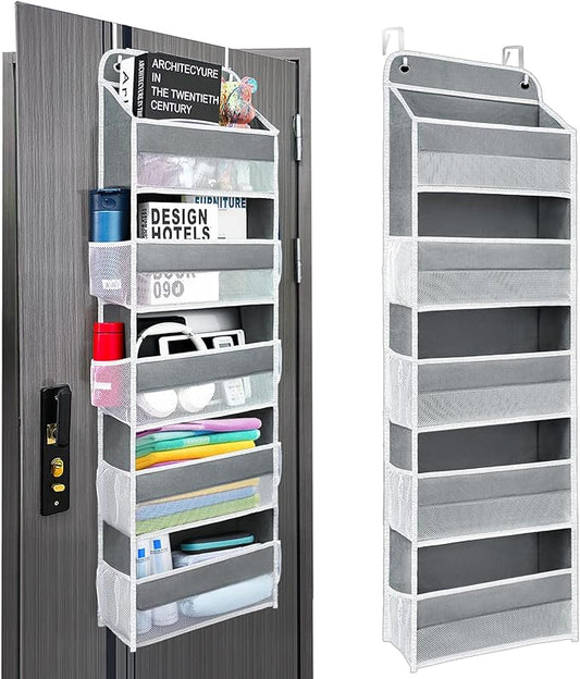 Over The Door Organizer with 8 Side Mesh Pockets, 44lb Weight Capacity Hanging Behind The Door Bathroom Organizers and Storage Suitable for Storing Toys, Shoes, Towels, Grey, 5 Shelf