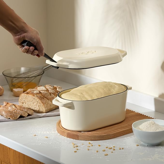 KooK Dutch Oven, for Bread Baking, Sourdough Loaf Pan, with Lid, Dual Handles, Enameled Cast Iron, includes Lid Lever, Dishwasher Safe, 3.4 Qt, Ivory