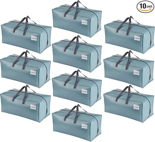 VENO 10 Pack Moving Bags w/Backpack Straps, Heavy Duty, Moving Boxes Alternative, Packing Supplies, Large Storage Totes for Dorm Room Essentials with Zipper for Clothes (Shiny Light Blue, 10 Pack)