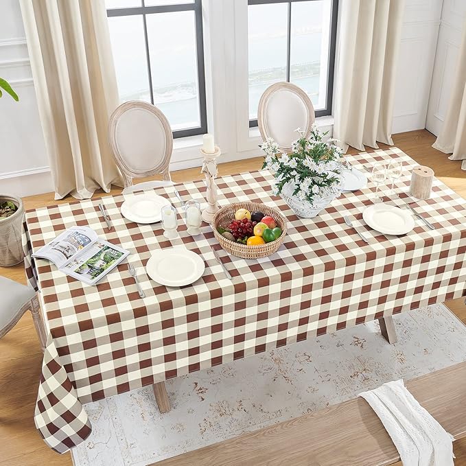 Softalker Gingham Checkered Rectangle Tablecloth - Waterproof Buffalo Plaid Table Cloth Stain Resistant Washable Table Cover for Picnic/Camping/Outdoor - Coffee and White, 60 x 102 Inch