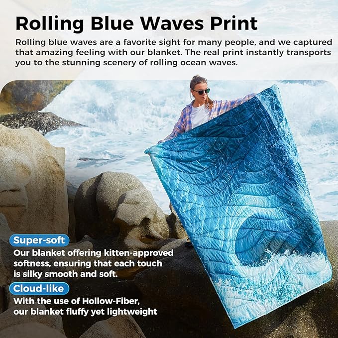 KingCamp Ultralight Camping Blanket, Packable Down Alternative Puffy Printed Wearable Blanket with Snap Buttons & Corner Loops Weatherproof Quilt for Outdoor Travel Stadium (79"L x 57"W SEAWAVE)