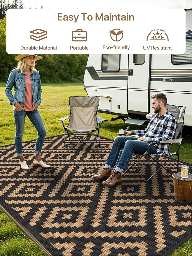 GENIMO Outdoor Rug for Patio Clearance,6'x9' Waterproof Mat,Reversible Plastic Camping Rugs,Rv,Deck,Porch,Camper,Balcony,Backyard (Black & Brown)