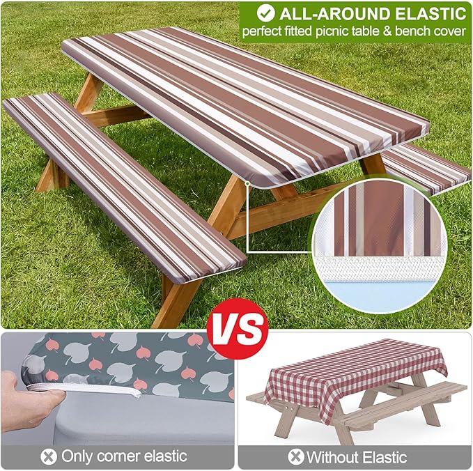 Picnic Table Cover with Bench Covers Camping Essentials Waterproof Windproof Camping Tablecloth with Drawstring Bag, Fitted Rectangle Tables and Seats, 96in, Brown Stripe