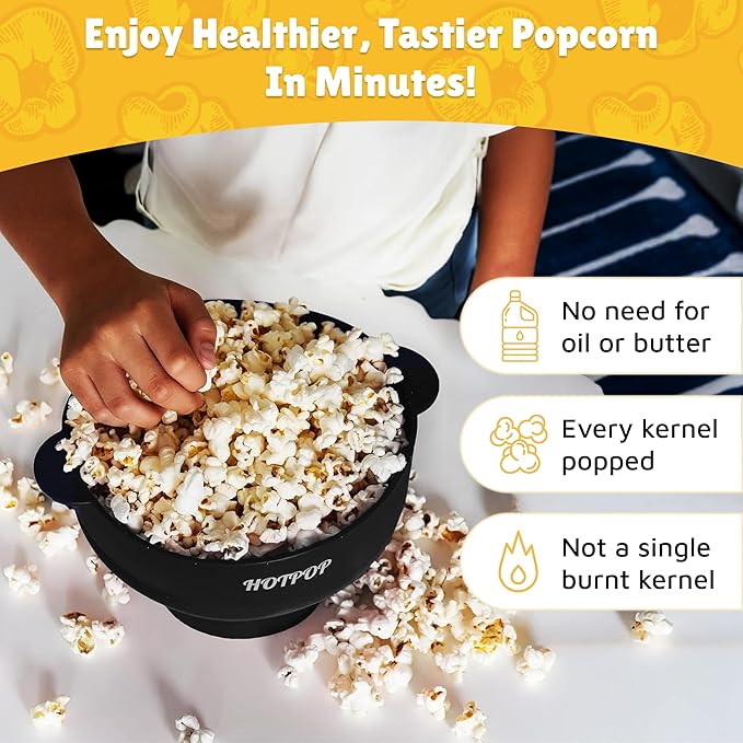 Popco Silicone Popcorn Maker - Microwave Popcorn Popper with Handles - Collapsible Bowl, Heat-Resistant, Easy to Clean, Ideal for Family Movie Nights, 15-Cup Capacity - Black