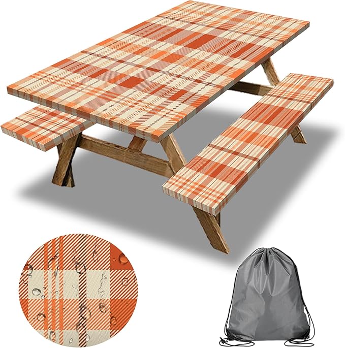 Orange Picnic Table Cover with Bench Covers, 3 Pcs Waterproof Elastic Picnic Table Cover Fall Outdoor Camping Essentials, Windproof Fitted Tablecloth for Indoor Outdoor (Plaid, 60X30 Inch)