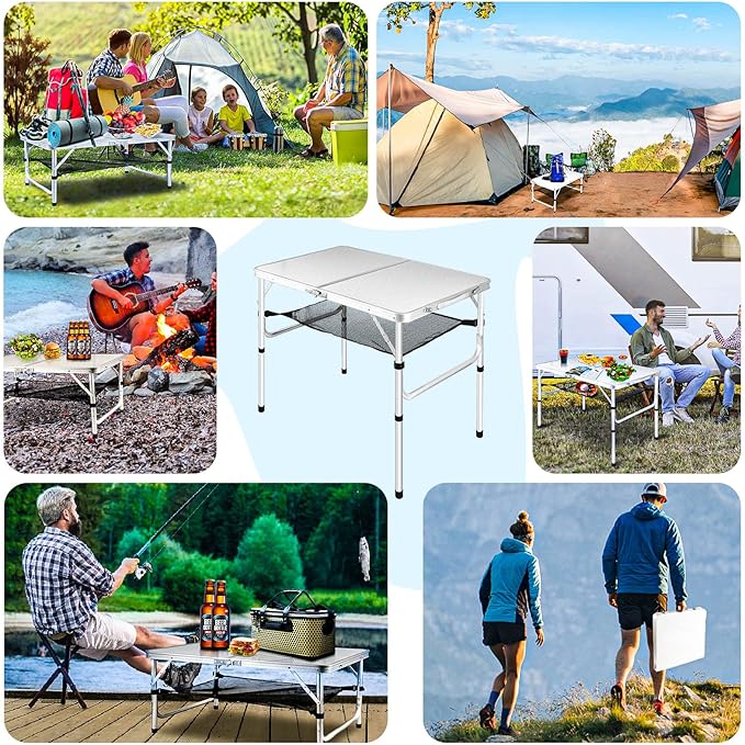 Medium Folding Table,2 Adjustable Height Foldable Table,3Ft Portable Camping Table,Outdoor Folding Table with Net Mesh，Folding Beach Table,White Metal Folding Table for Patio BBQ Backpacking