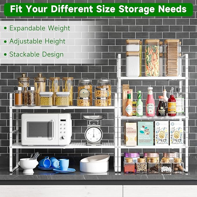 Expandable Kitchen Cabinet Shelf Organizer Rack Heavy Duty Metal Spice Rack Stackable Kitchen Counter Storage Shelf for Cabinet Pantry Bathroom (White- 16.5"-27" L x 8" W x 9.6" H - 1Pack)