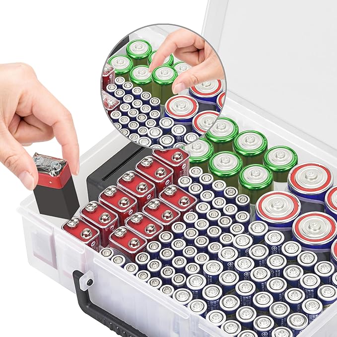 RISOU Battery Organizer Storage Case,Stores More Than 95 Batteries - Battery Storage Box for AA AAA 9V C D Lithium 3vLR44 CR2016 CR1632 CR2032 CR2025 (CASE ONLY) (Transparent)