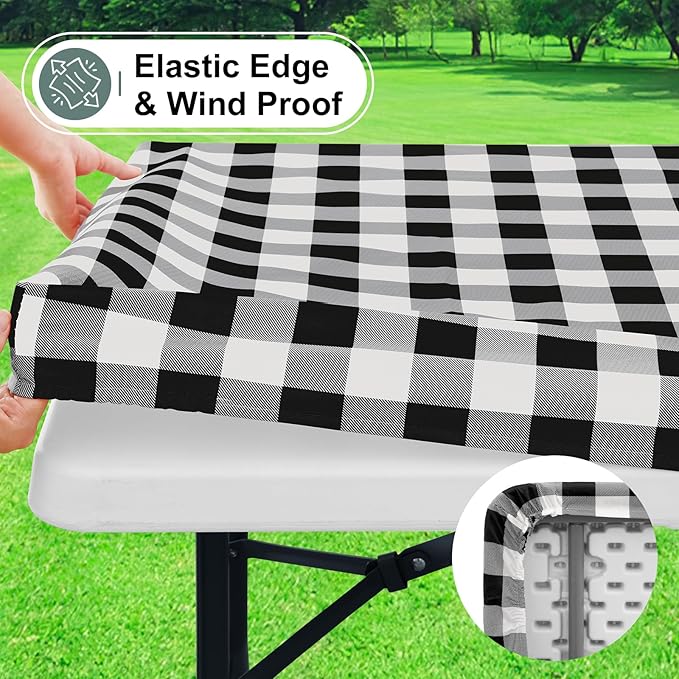 misaya Buffalo Rectangle Picnic Tablecloth, 5 Foot Elastic Fitted Vinyl Table Cloth with Flannel Backing, Waterproof Plaid Table Covers for Dining, Camping, Outdoor (Black and White, 36" x 60")