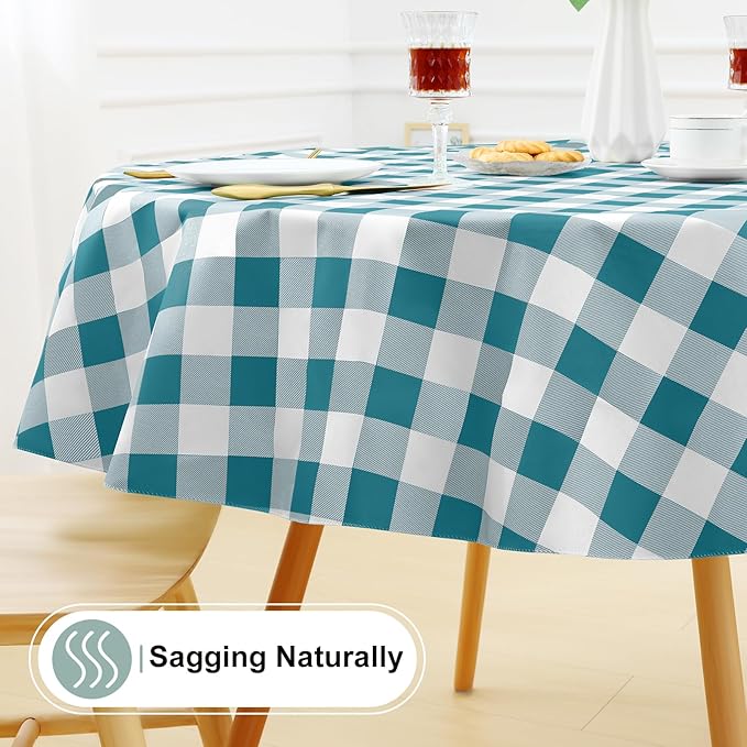 misaya Round Waterproof Vinyl Table Cloth, Buffalo Flannel Backed Tablecloth, Wipeable Plastic Table Cover for Dinner, Kitchen, Picnic (60", Turquoise and White)