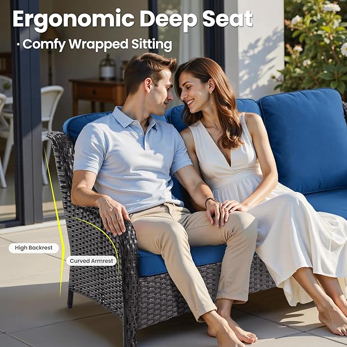 ovios 6 Pieces Patio Furniture Set, Outdoor Wicker Sofas with Glass Coffee Table and Comfy Cushions, All Weather High Back Couch Set for Deck Porch, Brown Rattan, Navy Blue