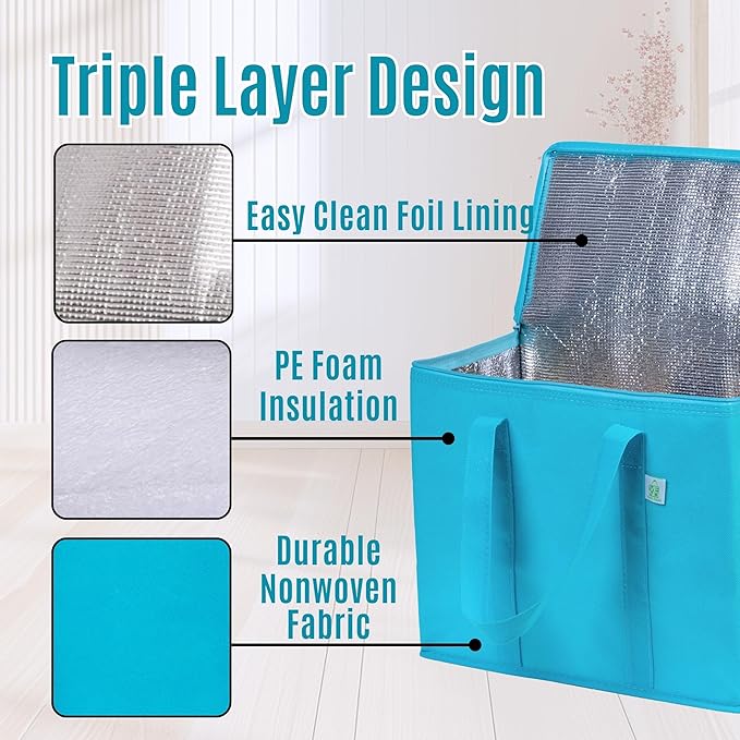 VENO 3 Pack Cooler Bag and Insulated Grocery Bags for Food Delivery, Collapsible Cooler, Reusable Shopping Bags for Groceries with zipper, Foldable, Heavy-Duty, Stands Upright (Cyan, 3 Pack)