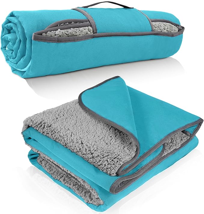 Tirrinia Waterproof Outdoor Blanket with Sherpa Lining, Windproof Triple Layers Warm Comfy Foldable for Camping Stadium, Beach, Picnic, Grass, Concerts, Car, Dog, 51''X 59'' & 59''X 80''