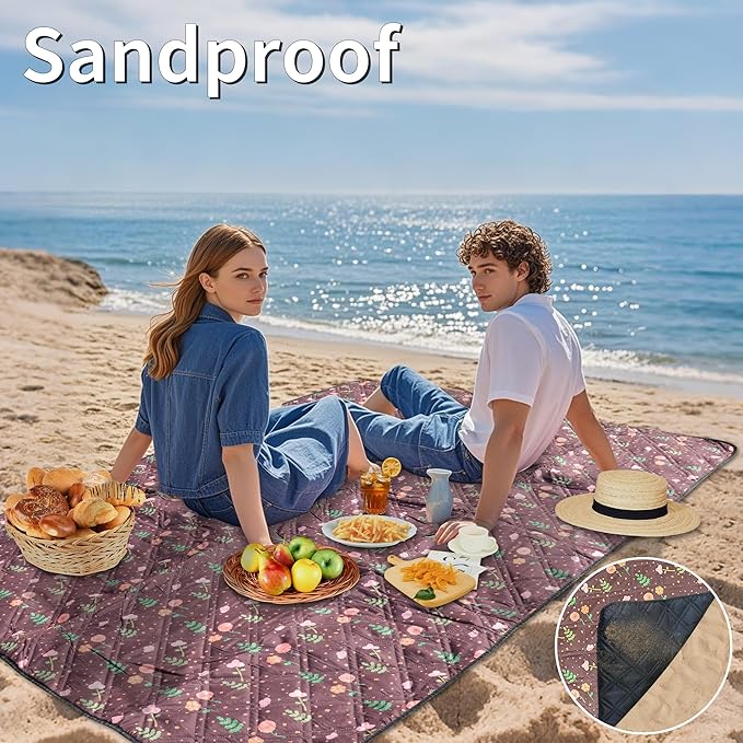 Outdoor Cute Picnic Blanket Brown Floral 60"x80" Sandproof Beach Blanket Waterproof Picnic Blankets Foldable for Caming, Beach, Outdoor Activities.