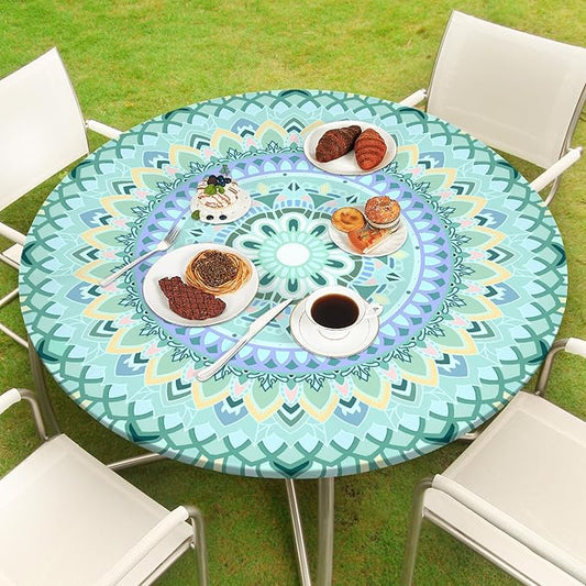 Round Tablecloth Fitted Elastic Table Cover Waterproof Table Cloth for Dinner, Party, Picnic,Camping, Round Table Cover for Indoor Outdoor