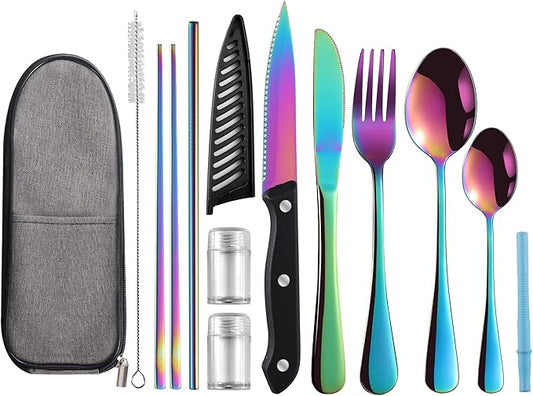 Travel Utensils with Case,Reusable Utensils,Portable Travel Camping Cutlery Set,Stainless Steel Flatware Set,Lunch Boxes Workplace Camping School Picnic (Rainbow)