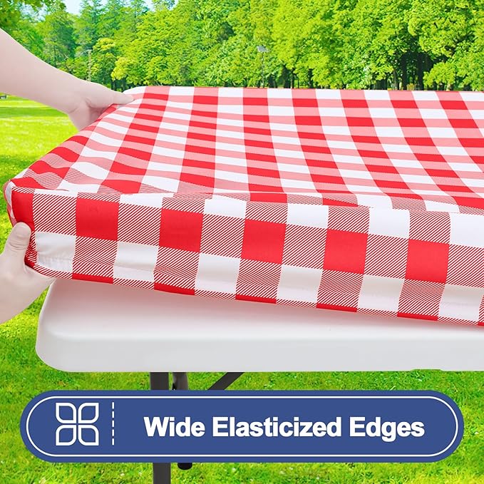 Smiry Picnic Table Cover with Bench Covers, Waterproof Elastic Fitted Tablecloths for 8 Foot Rectangle Tables, Washable Buffalo Plaid Tablecloth for Camping, Outdoor (Red & White, 30"x96")
