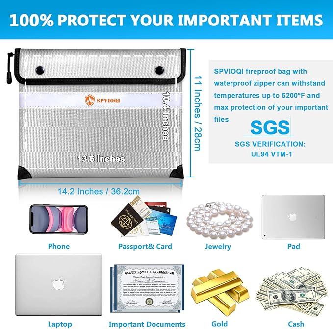 Upgraded Fireproof Document Bag 5200°F, 14.2” X 11” Waterproof Fireproof Bag with Zipper, 8 Layers of Heat Insulated Materials, Fireproof Money Bag for Cash, Important Documents and Valuables fire bag